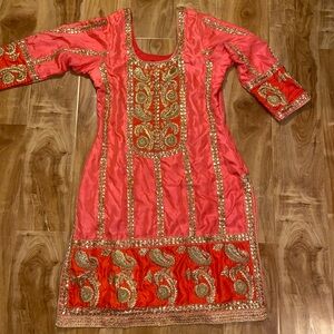 Indian Pure Silk Three Piece Pink, Red, Gold Salwar Suit